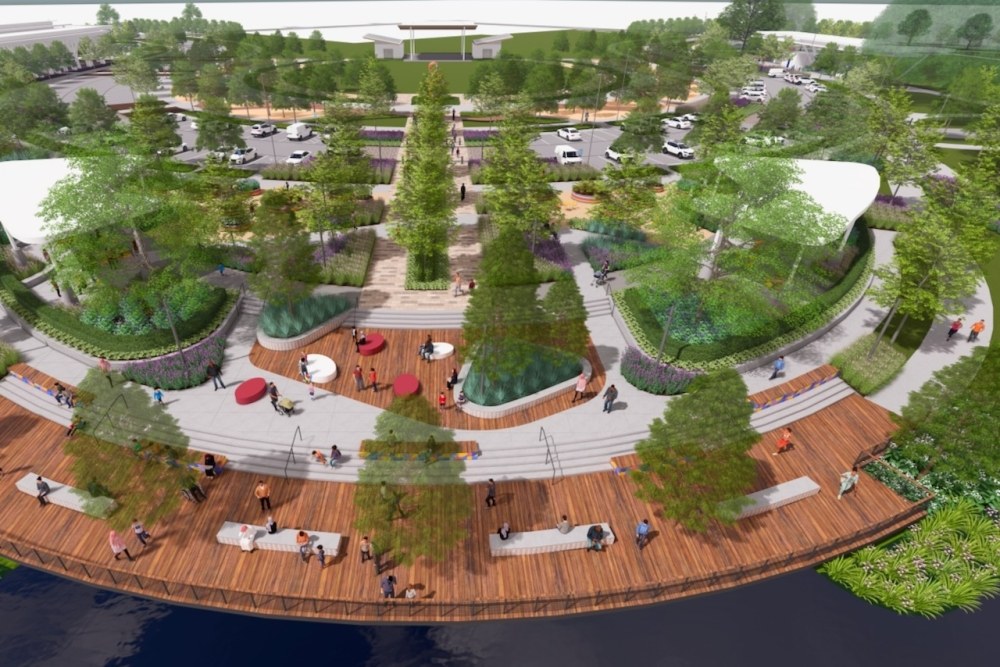 Burnett Bayland Park design rendering — the boardwalk plaza along the water
