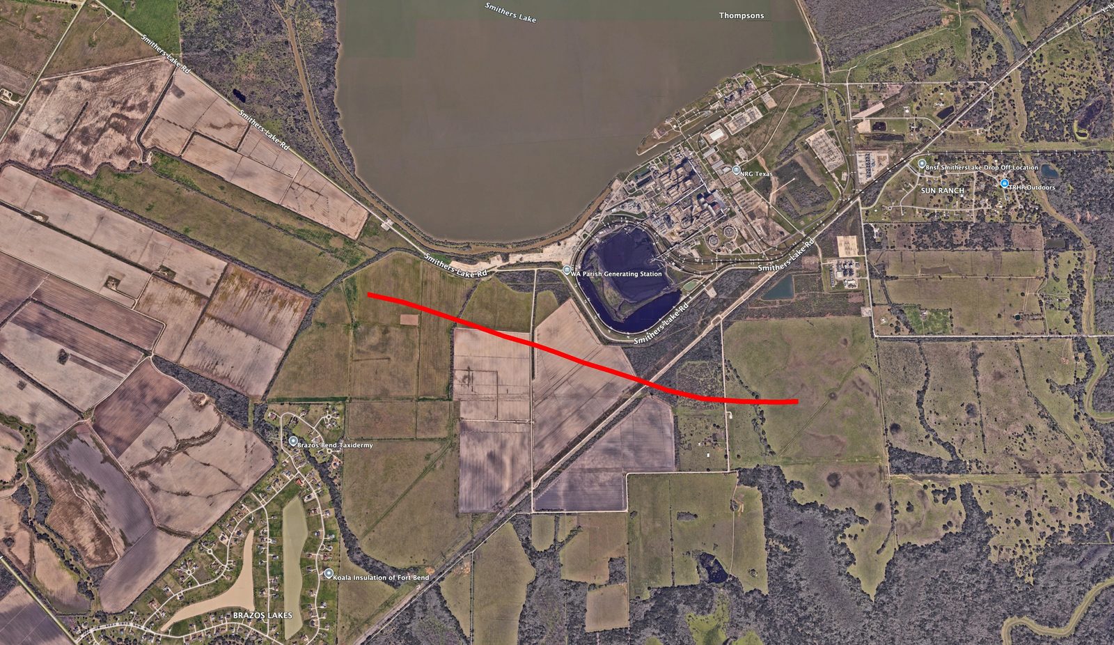Regional aerial map showing the Fort Bend Parkway Segment C alignment corridor
