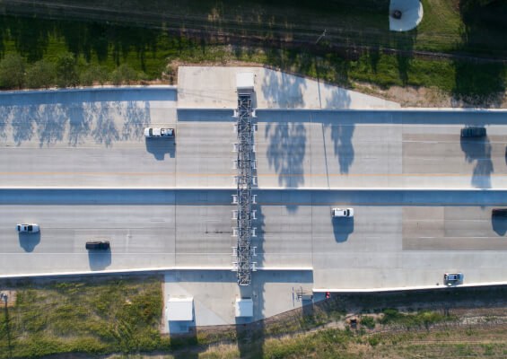 Overhead view of the completed Hardy Toll Road toll gantry and mainlanes