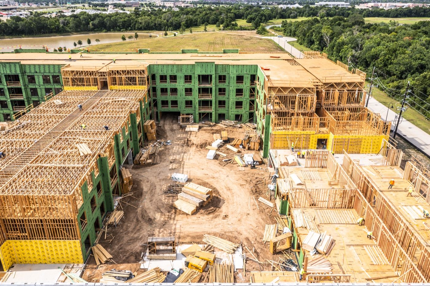 Ivy Lofts central courtyard under construction, aerial