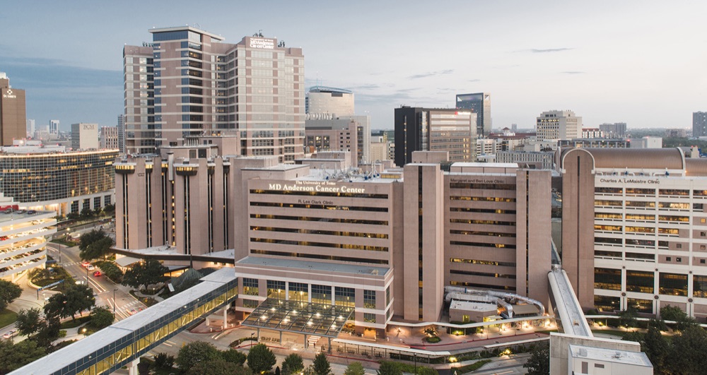 Aerial view of the MD Anderson campus at dusk