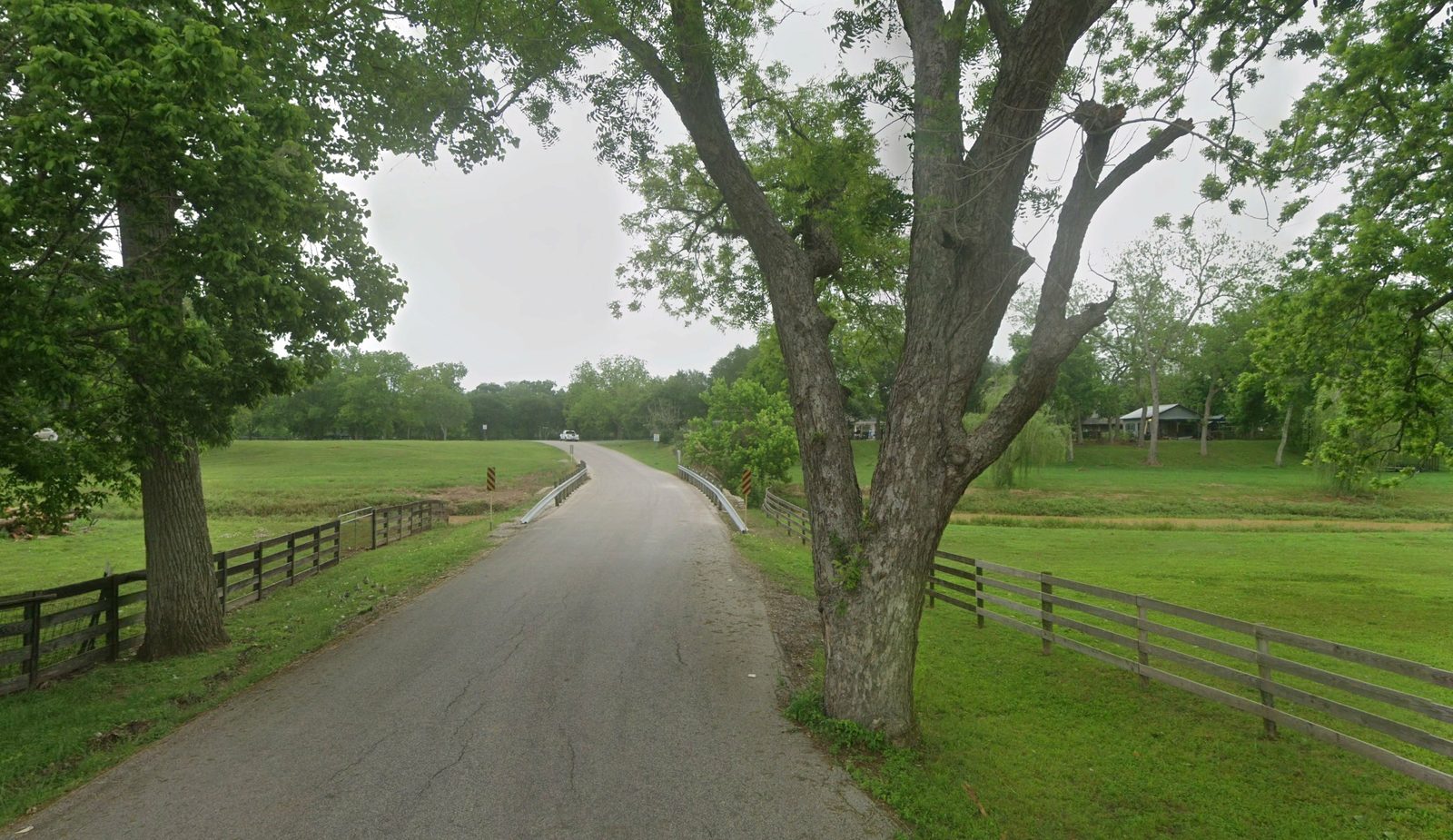Tree-lined roadway approach to the Pecan Creek bridge crossing